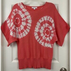 ROZ & ALI - Coral Tie Dye Short Dolman Sleeve Sequin Embellished Tunic Sweater S